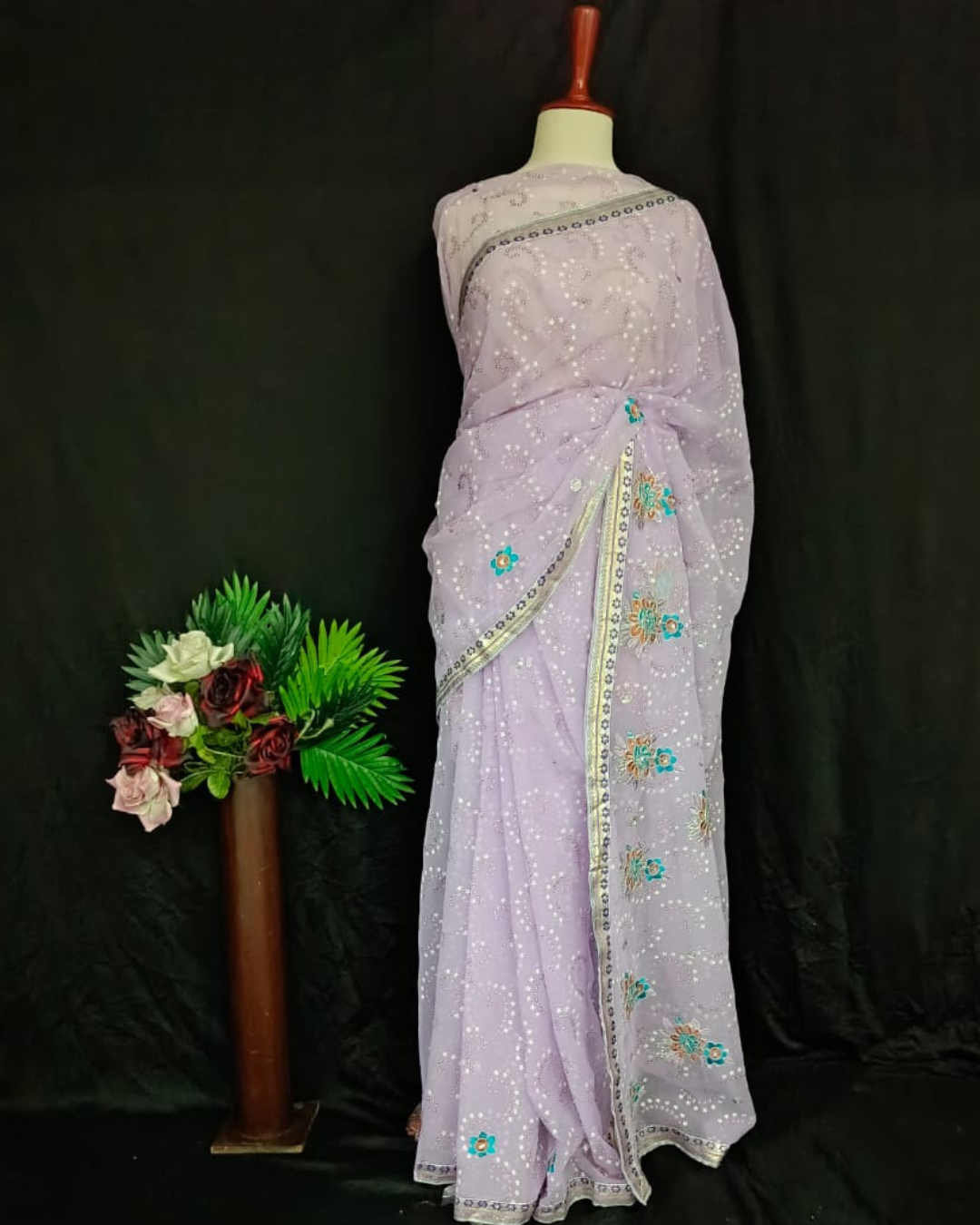 Lavender Embroidered Georgette Organza  Saree