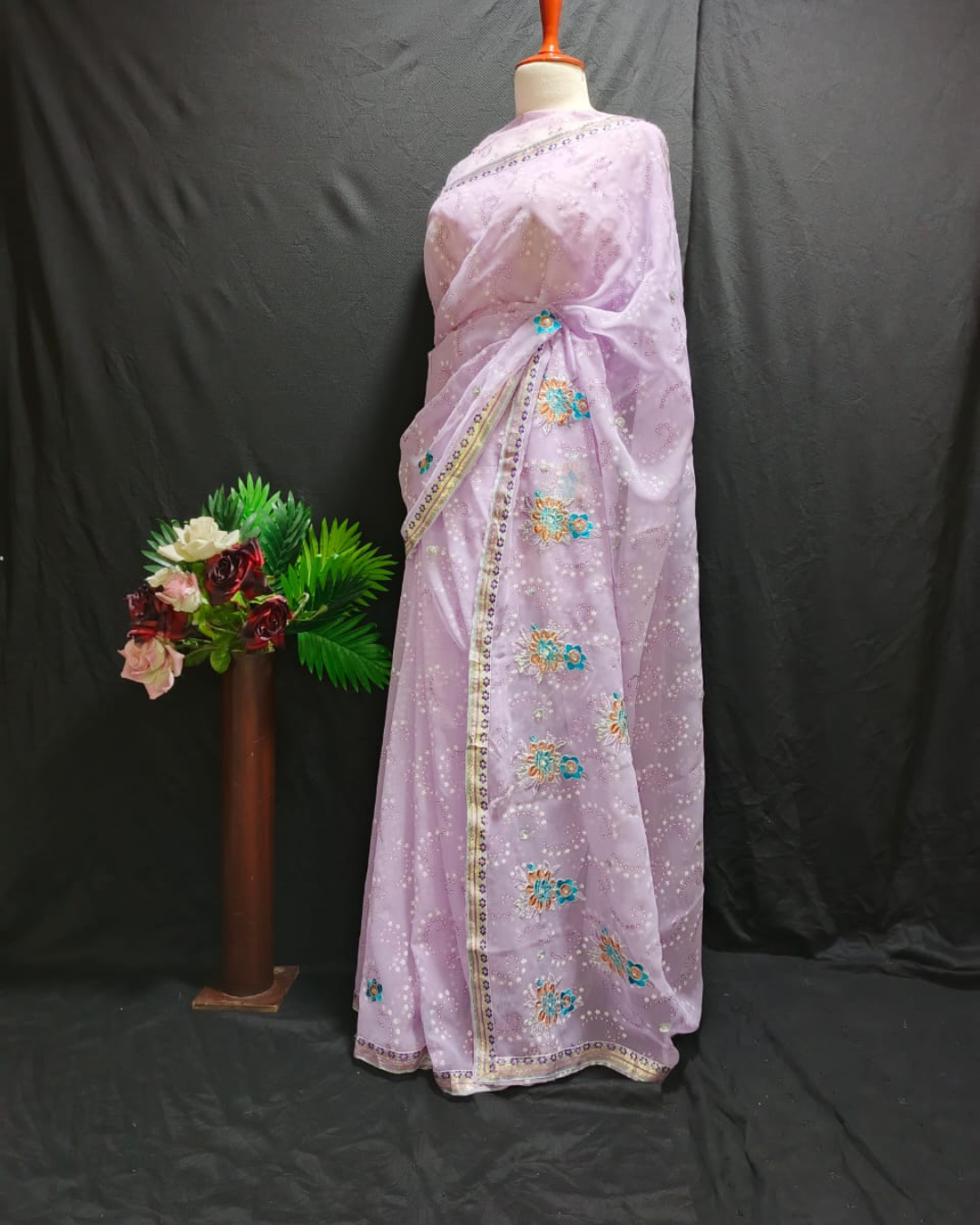 Lavender Embroidered Georgette Organza  Saree