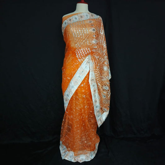 Elegant Orange Net Saree with Silver Sequin & Thread Embroidery