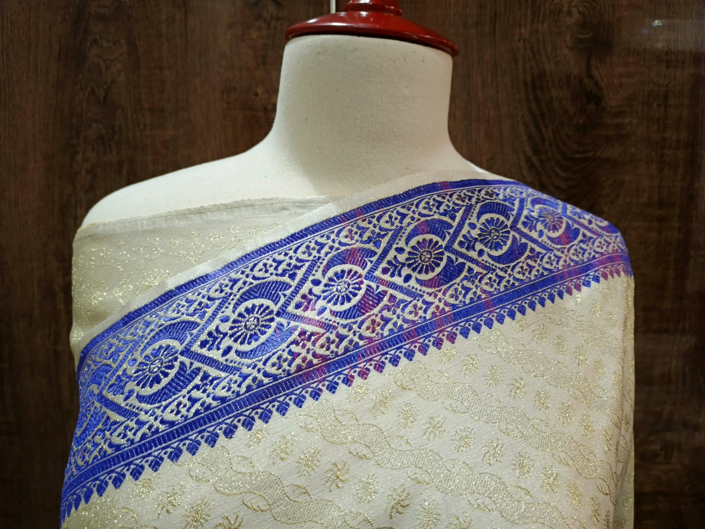 Beige Banarasi Silk Saree with Blue Banarasi Border