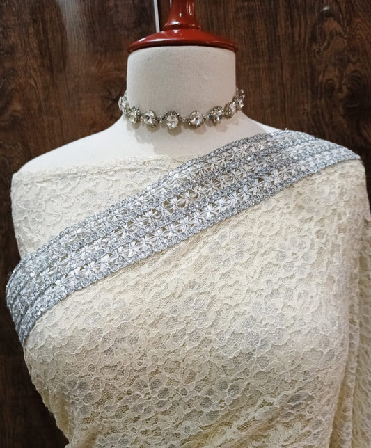 Elegant Cream Lace Saree with Silver Sequin Border