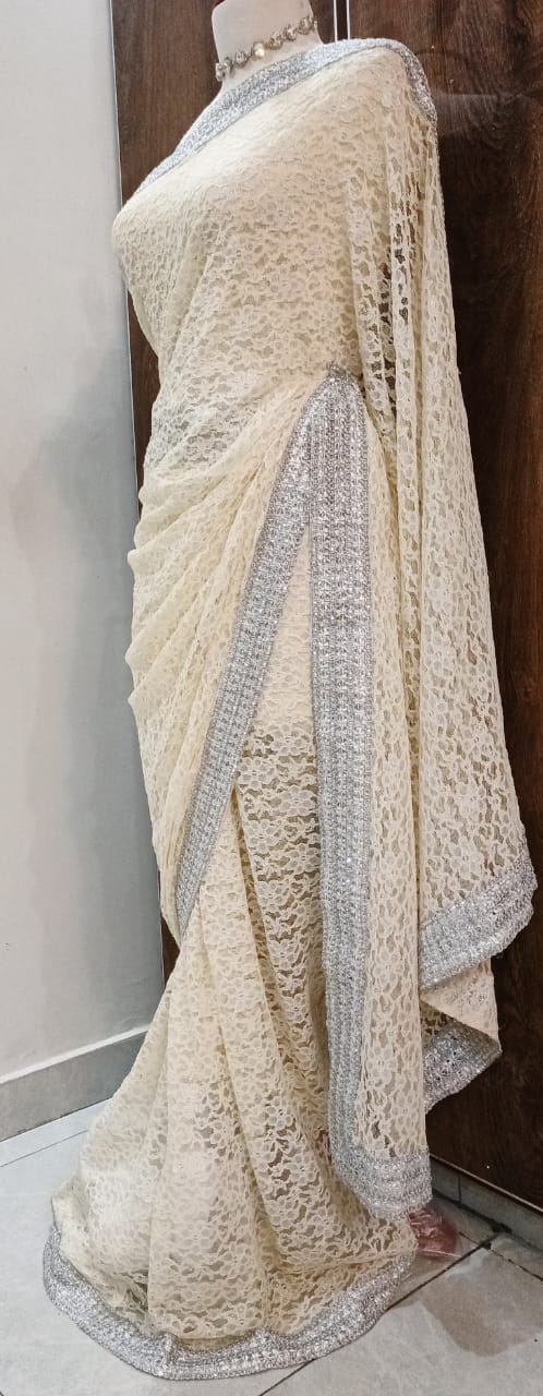 Elegant Cream Lace Saree with Silver Sequin Border