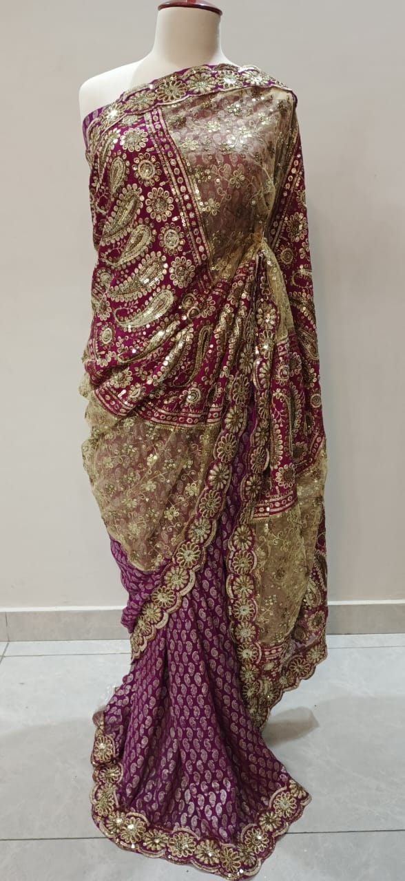 Magenta Pink Gold Satin Net Saree