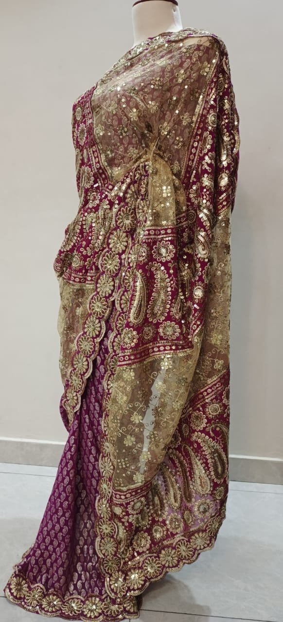 Magenta Pink Gold Satin Net Saree