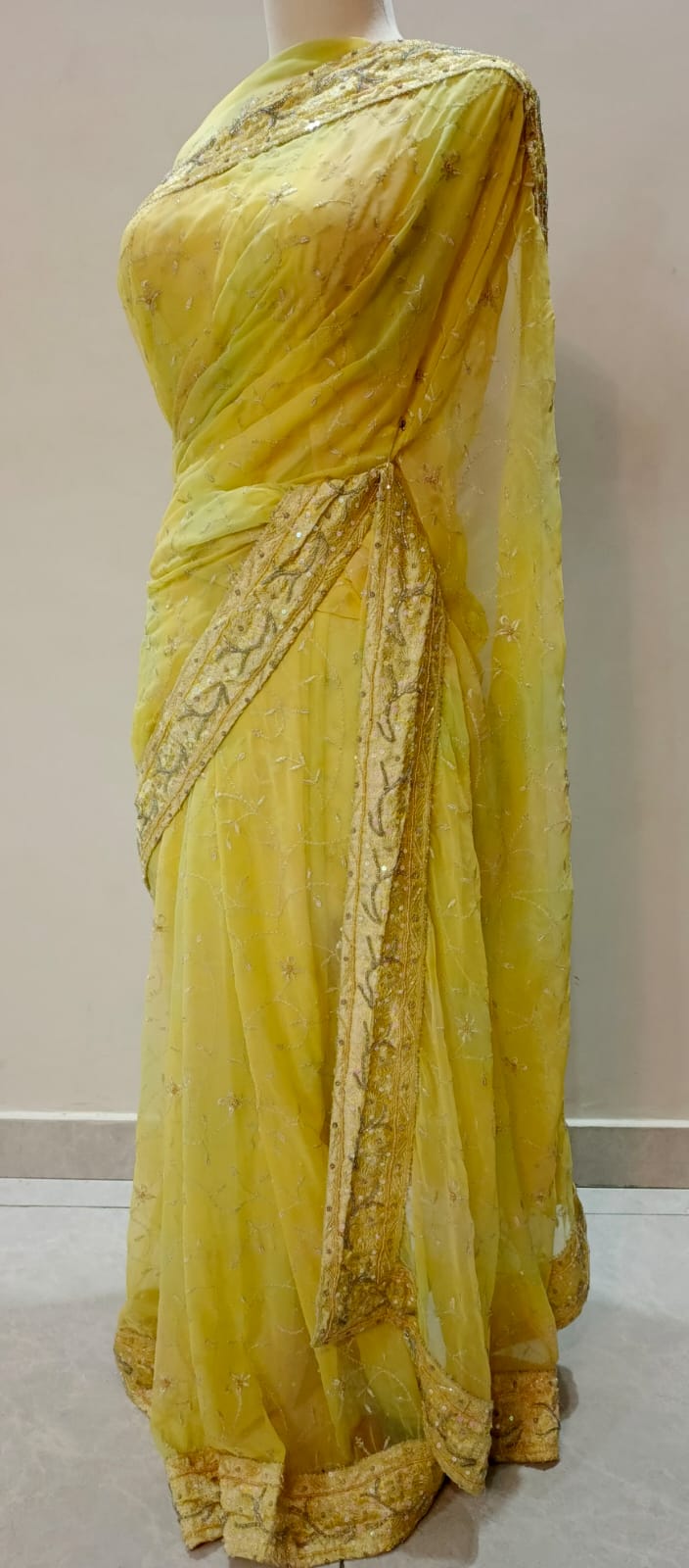 Sunshine Yellow Chiffon Saree with Sequin & Thread Embroidery