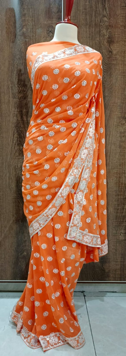 Elegant Orange Georgette Saree with Sequin and Thread Embroidery