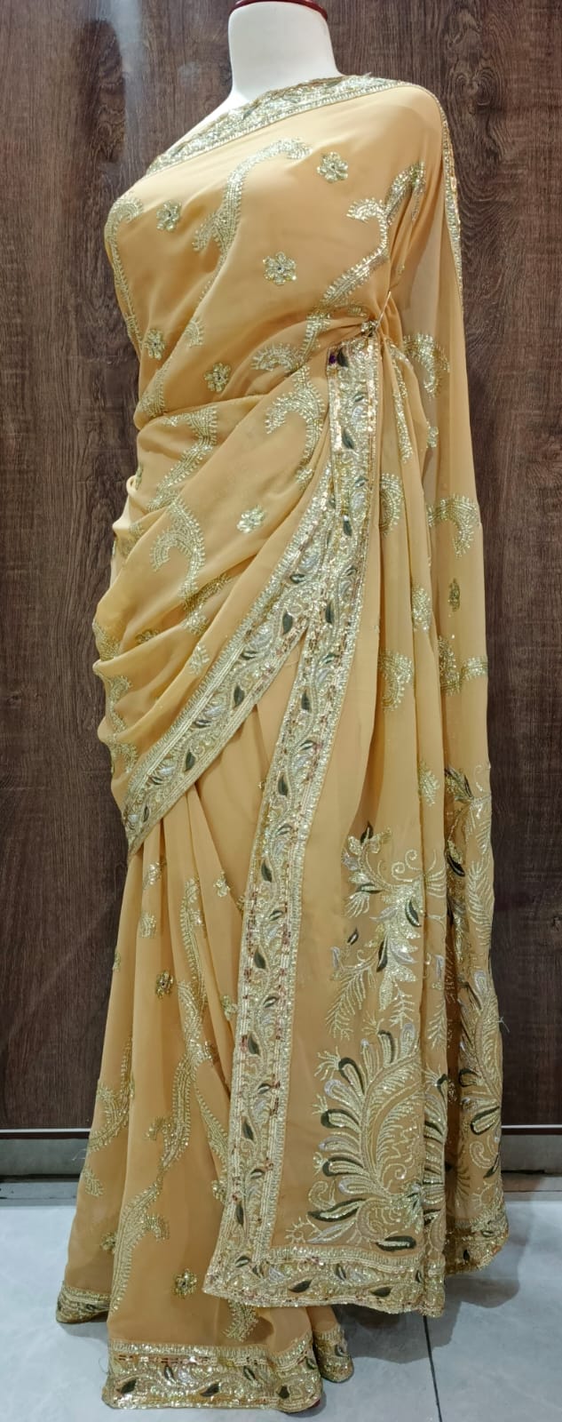 Elegant Light Golden-Beige Georgette Saree with Heavy Embroidery