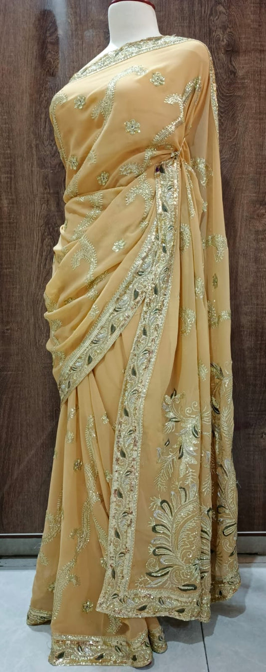 Elegant Light Golden-Beige Georgette Saree with Heavy Embroidery