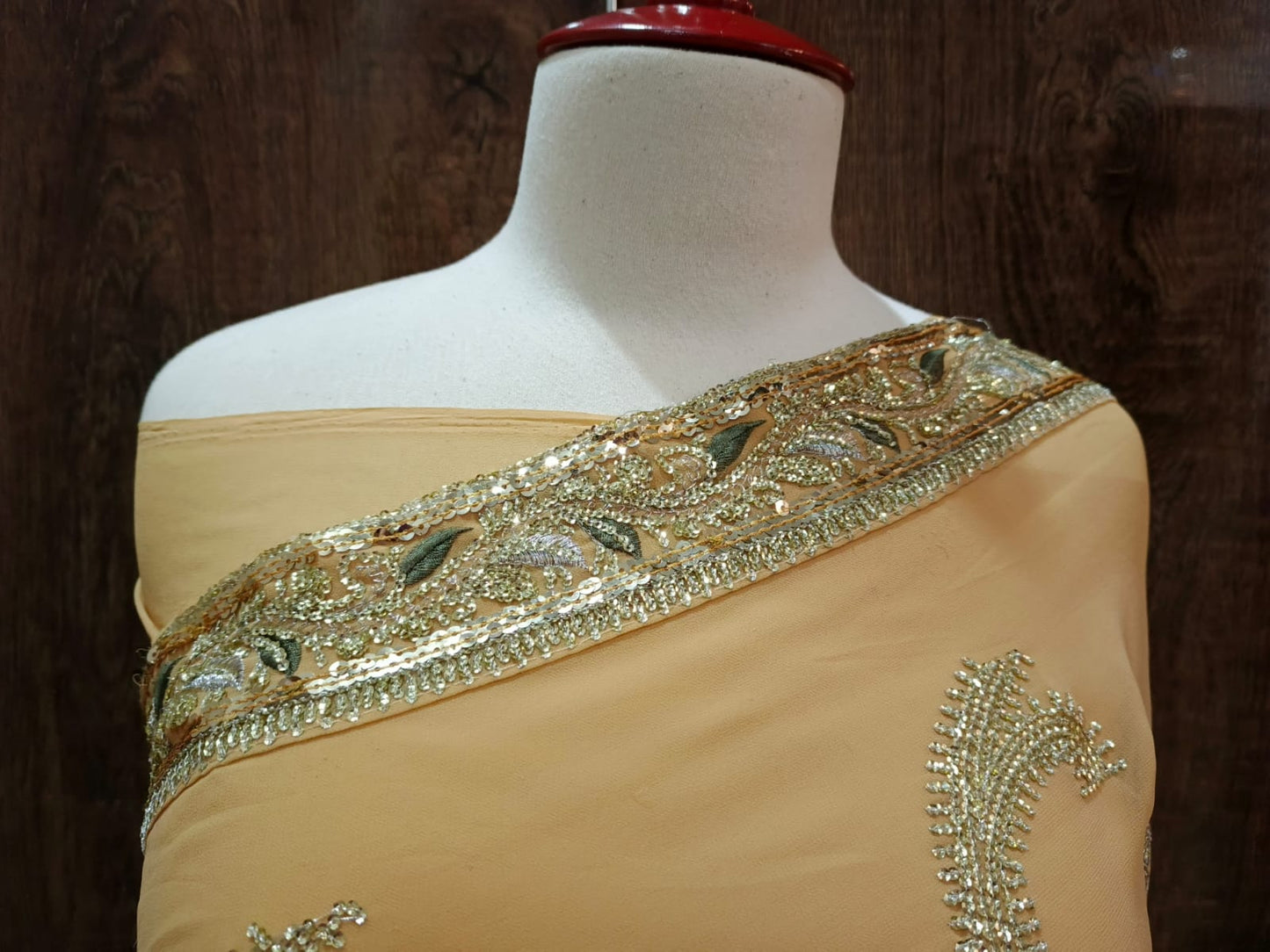 Elegant Light Golden-Beige Georgette Saree with Heavy Embroidery