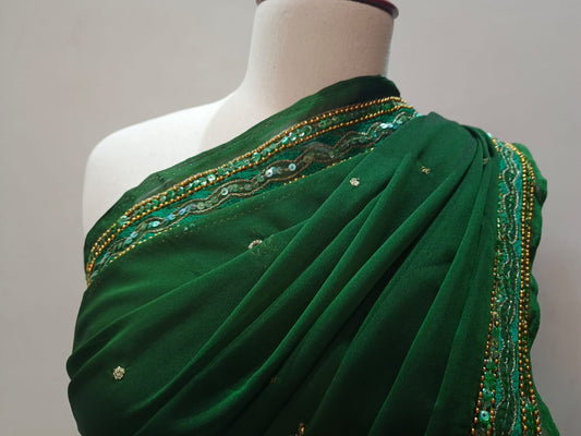 Deep Forest Green Stitched Silk Saree with Sequin and Zari Embroidery