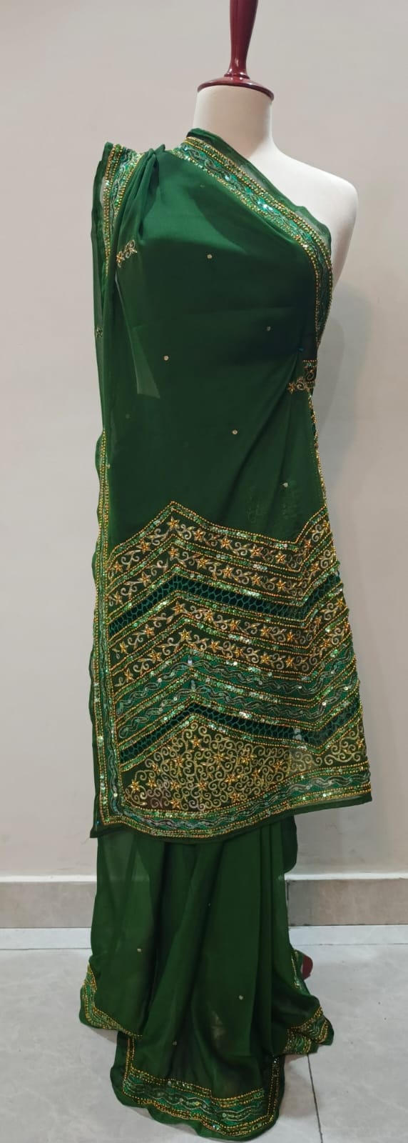 Deep Forest Green Stitched Silk Saree with Sequin and Zari Embroidery