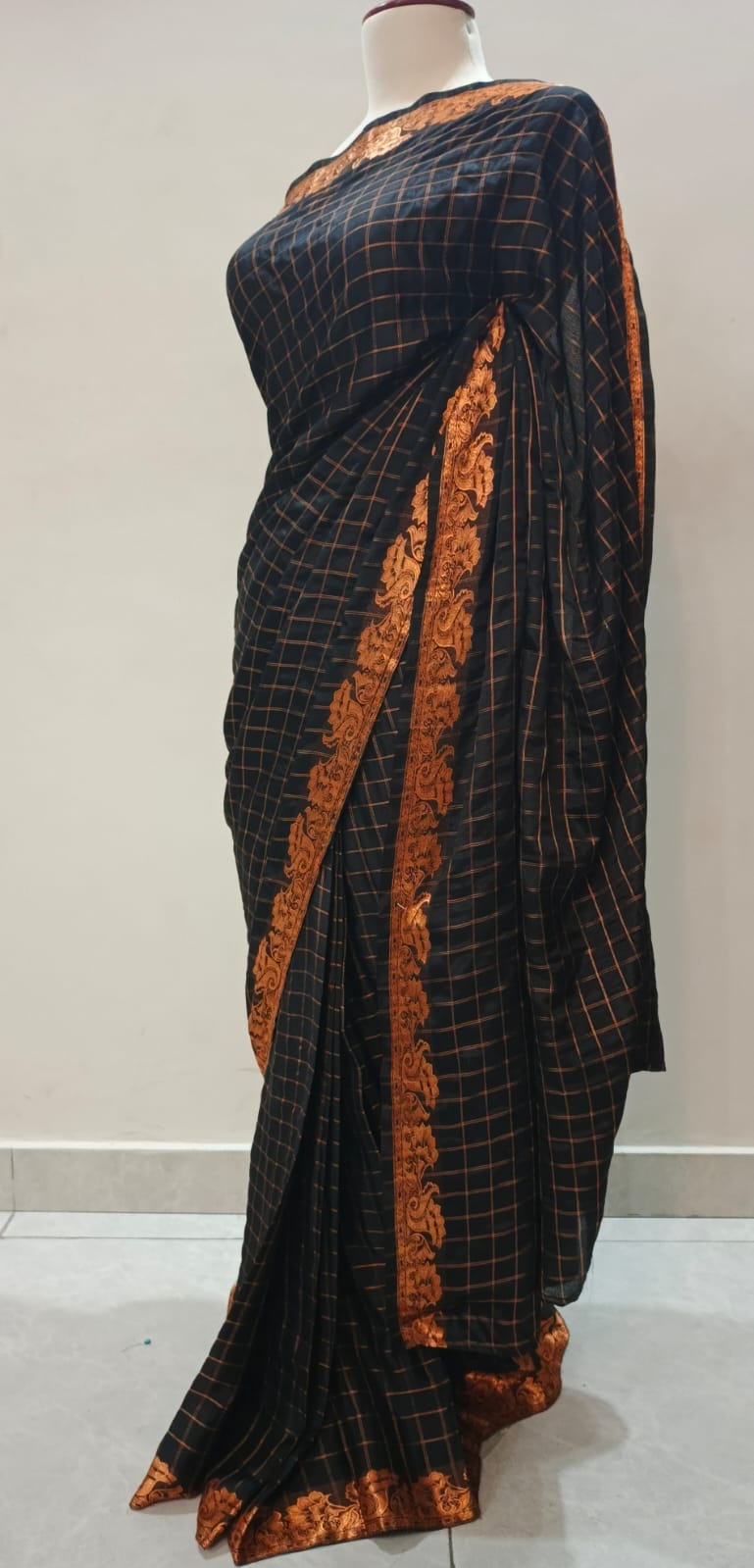 Stitched Black Silk Saree with Copper Zari Checks & Unstitched Matching Blouse Piece