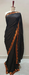 Stitched Black Silk Saree with Copper Zari Checks & Unstitched Matching Blouse Piece