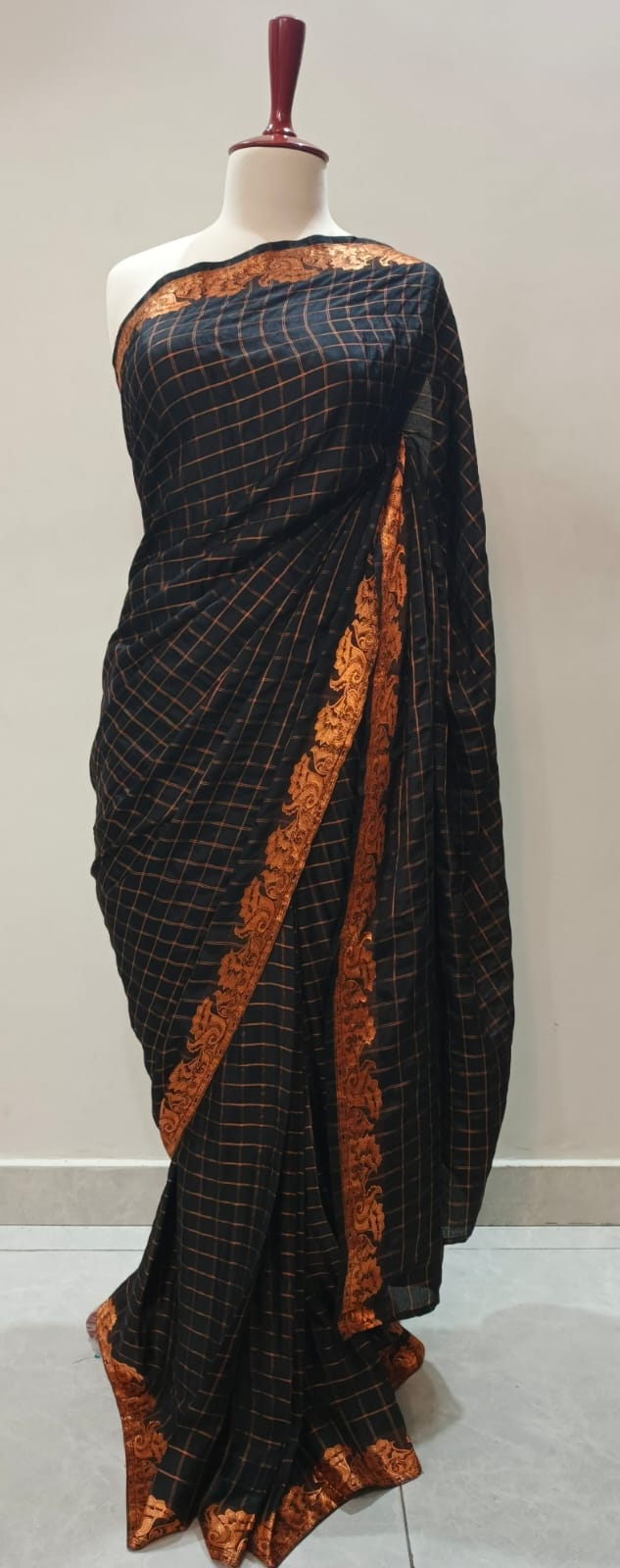 Stitched Black Silk Saree with Copper Zari Checks & Unstitched Matching Blouse Piece