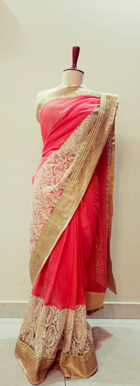 Elegant Stitched Coral Pink and Cream Designer Saree with Golden Embellished Border