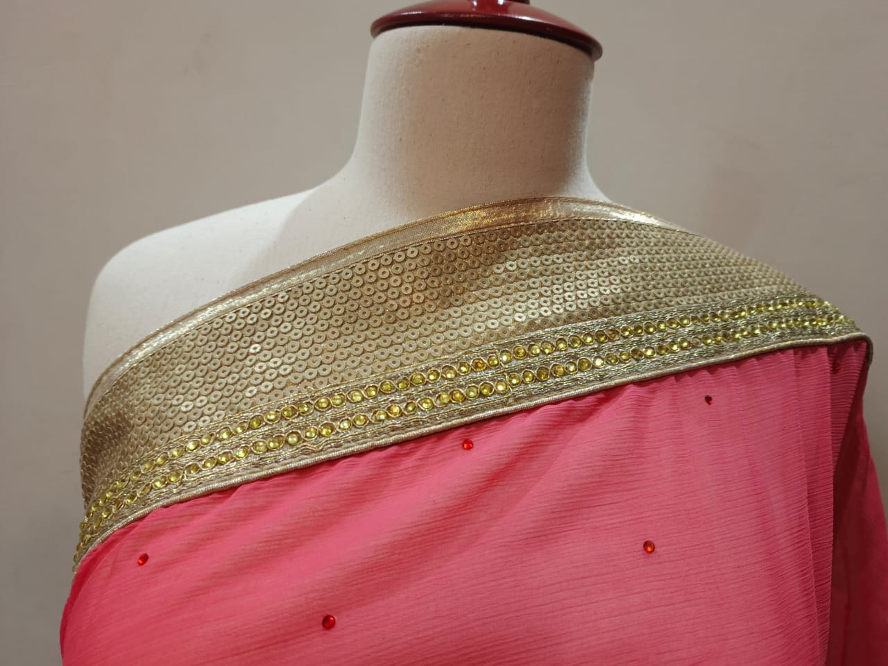 Elegant Stitched Coral Pink and Cream Designer Saree with Golden Embellished Border