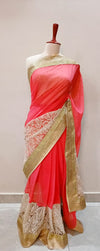 Elegant Stitched Coral Pink and Cream Designer Saree with Golden Embellished Border
