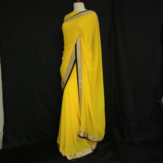 Sunshine Glow Yellow Chiffon Saree with Elegant Black & Gold Border