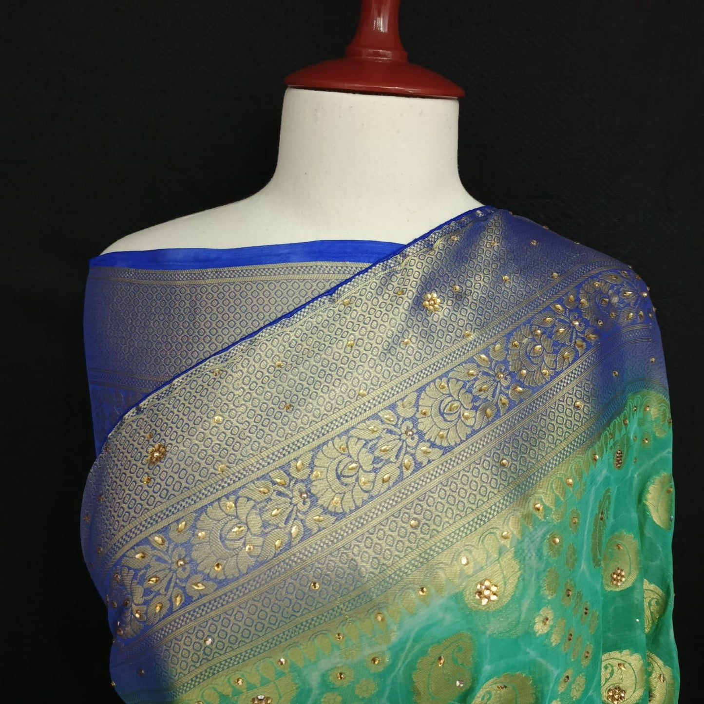 Aqua Green Chiffon Banarasi Saree with Royal Blue & Silver Zari Border