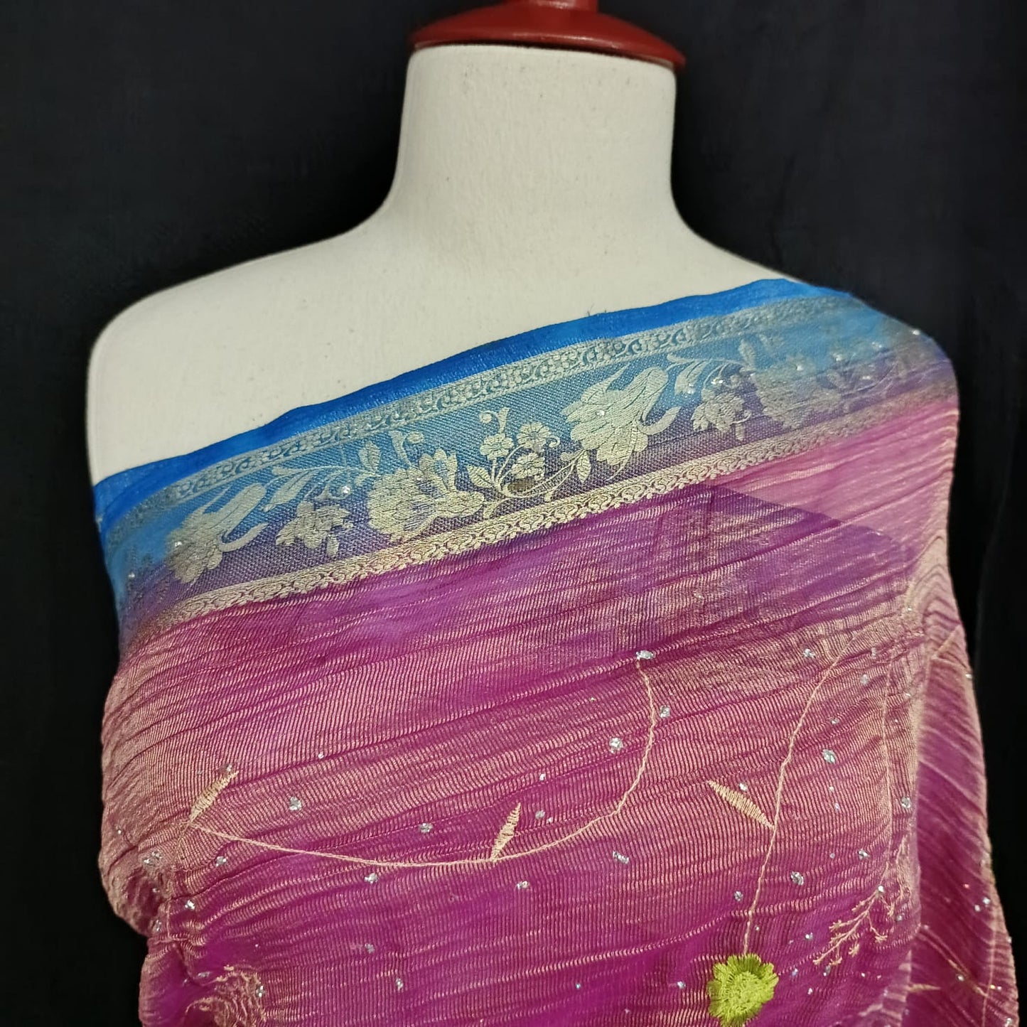 Pink Crushed Tissue Banarasi Saree with Blue Border & Green Floral Embroidery