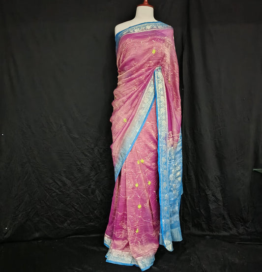 Pink Crushed Tissue Banarasi Saree with Blue Border & Green Floral Embroidery
