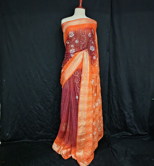 Ombre Orange to Maroon Embroidered Saree with Zari & Sequin Work