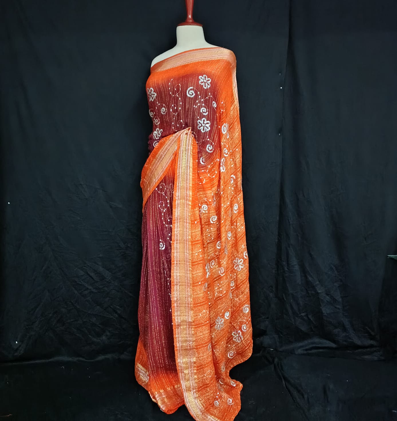 Ombre Orange to Maroon Embroidered Saree with Zari & Sequin Work
