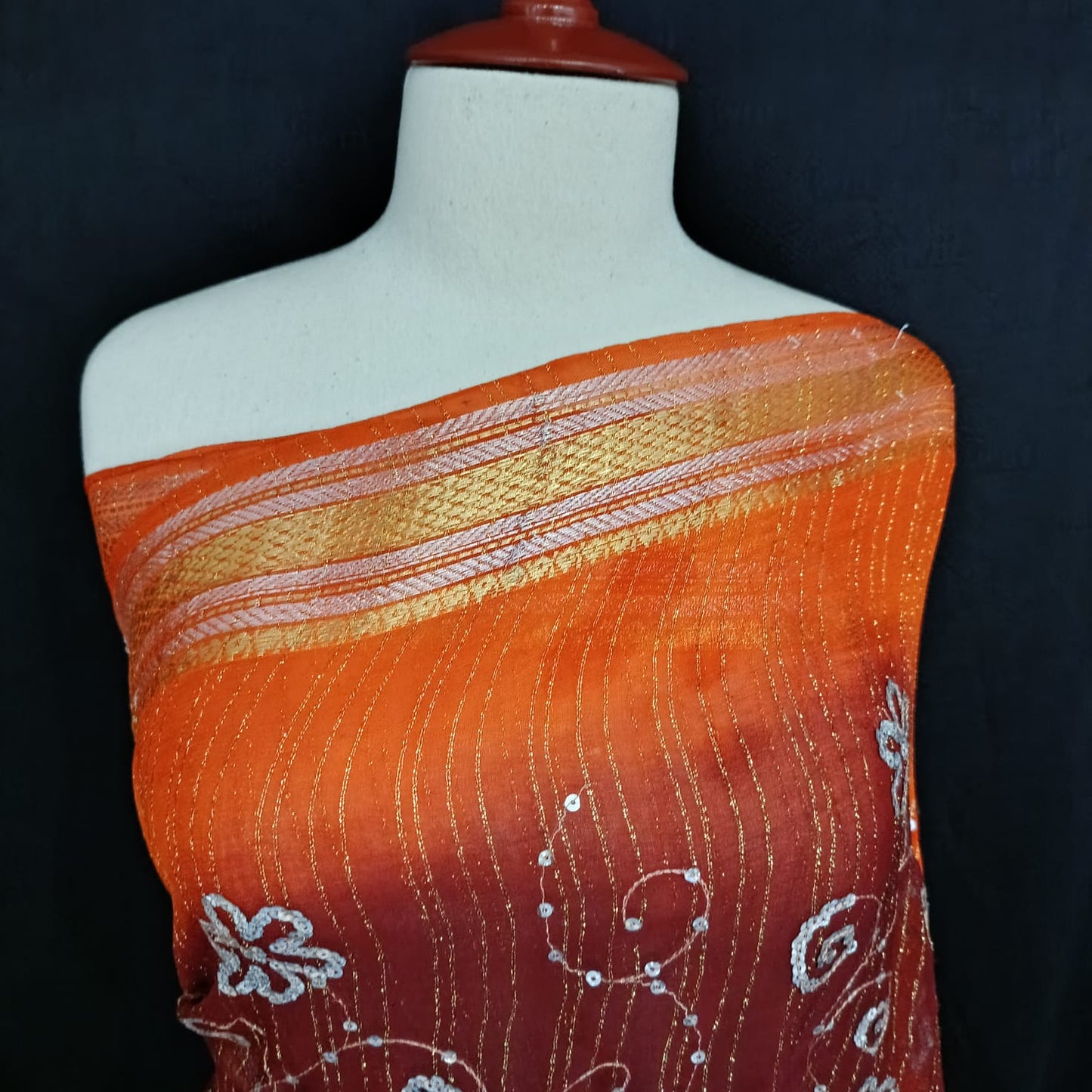Ombre Orange to Maroon Embroidered Saree with Zari & Sequin Work