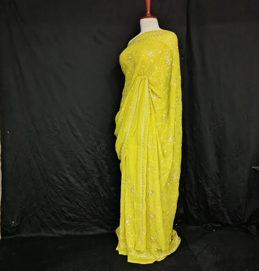 Embroidered Lime Green Georgette Saree
