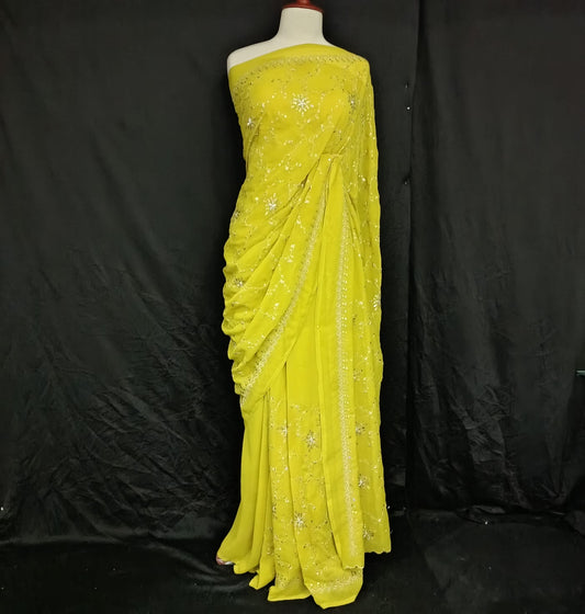 Embroidered Lime Green Georgette Saree