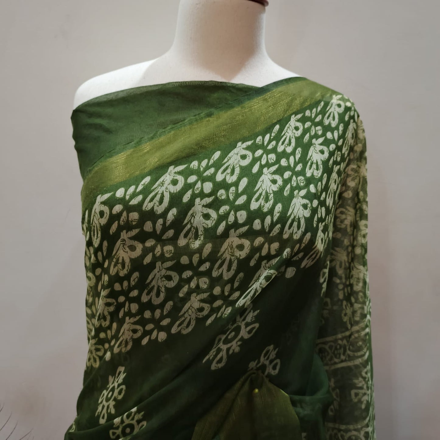 Elegant Forest Green Hand-Printed Cotton Saree with Golden Zari Border
