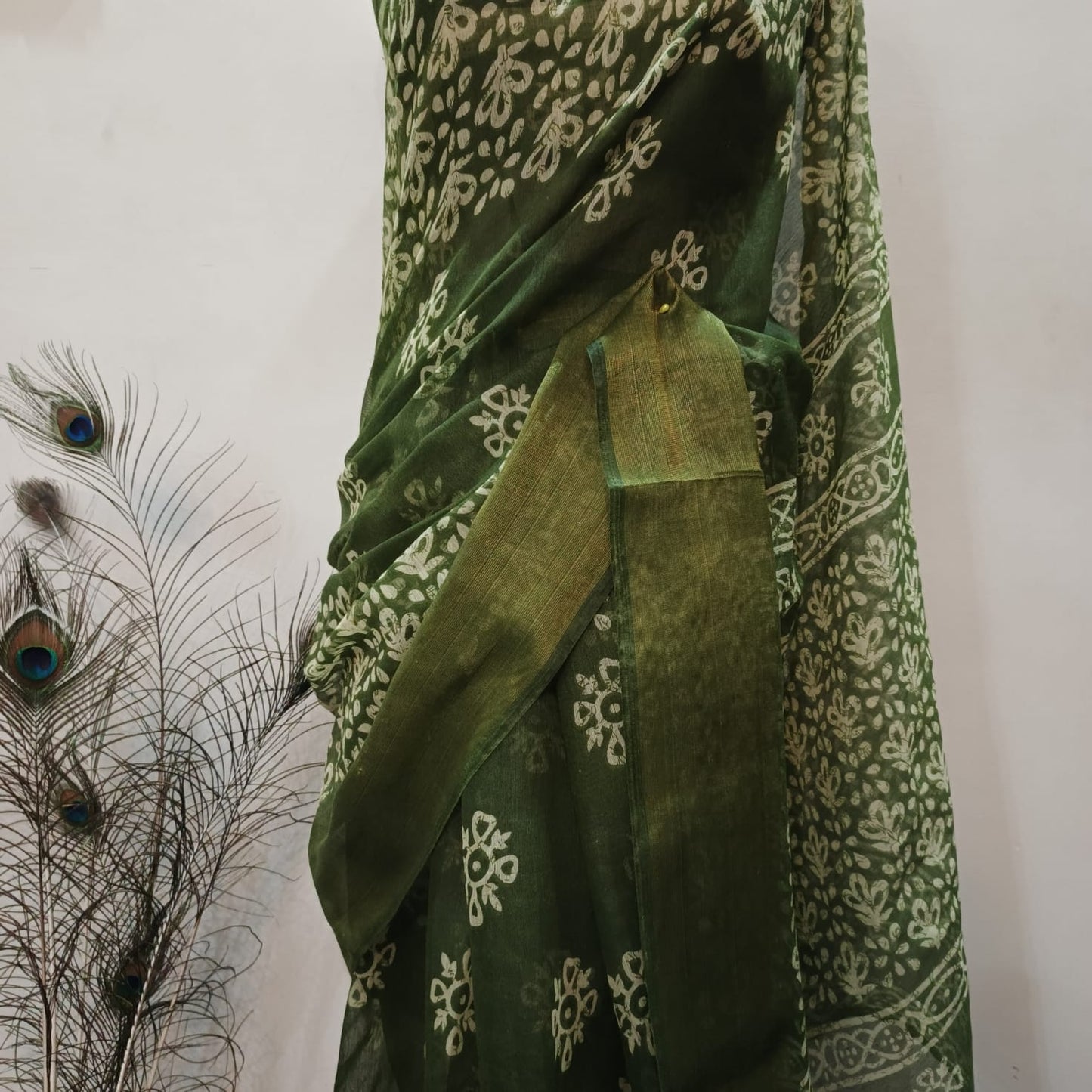 Elegant Forest Green Hand-Printed Cotton Saree with Golden Zari Border