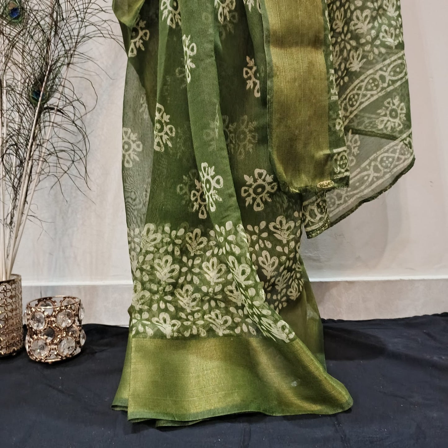 Elegant Forest Green Hand-Printed Cotton Saree with Golden Zari Border