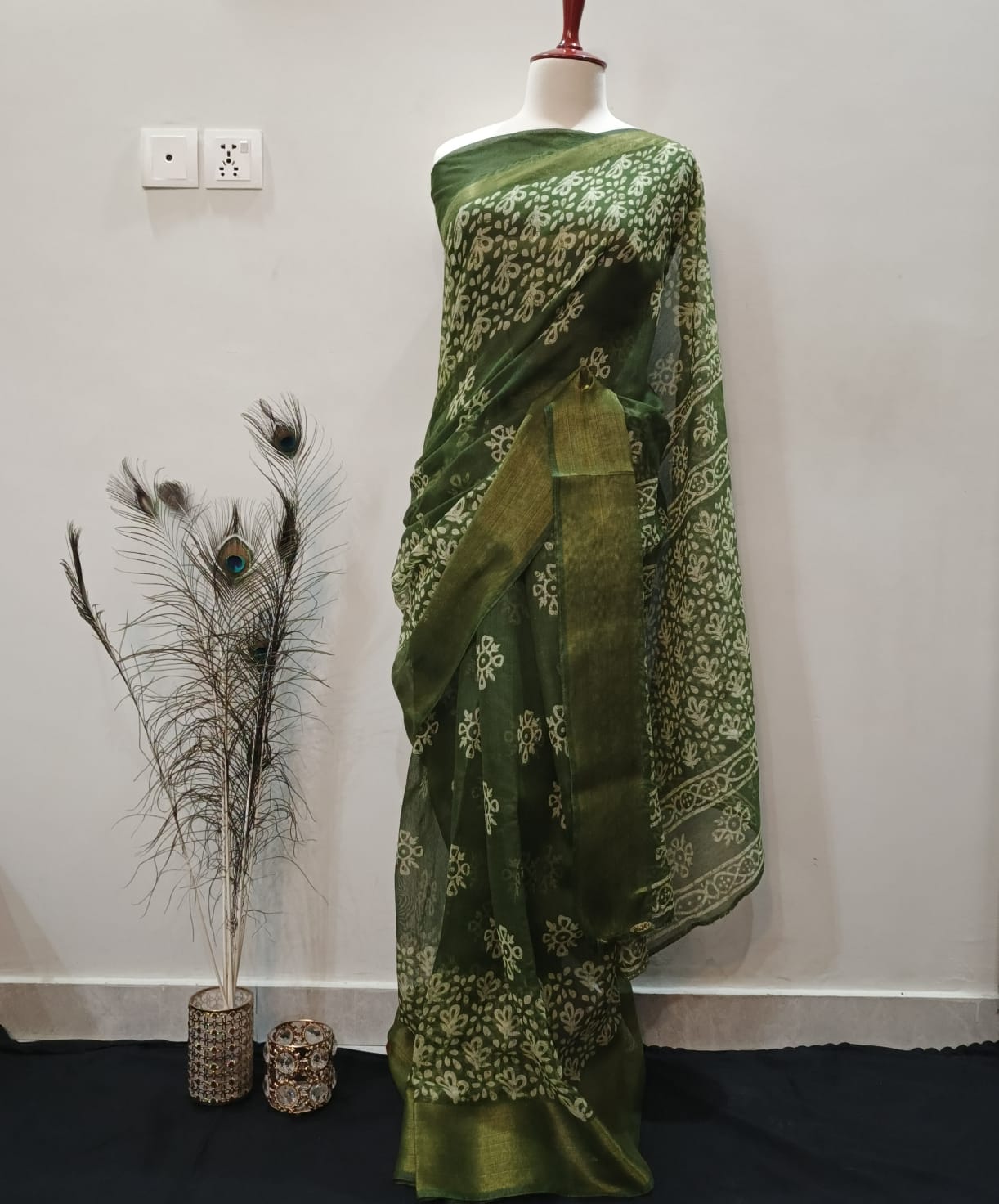 Elegant Forest Green Hand-Printed Cotton Saree with Golden Zari Border