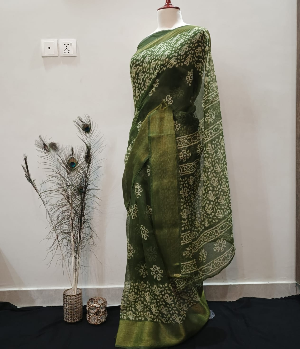 Elegant Forest Green Hand-Printed Cotton Saree with Golden Zari Border