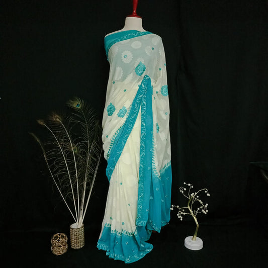 Elegant 7-Yard Broshia Chiffon  Saree with Light Sea Green Embroidery Work
