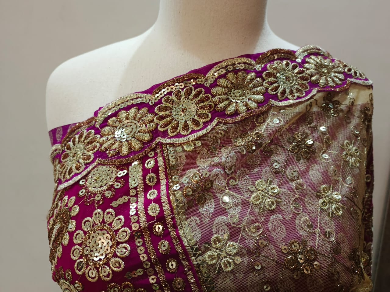 Magenta Pink Gold Satin Net Saree