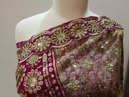 Magenta Pink Gold Satin Net Saree