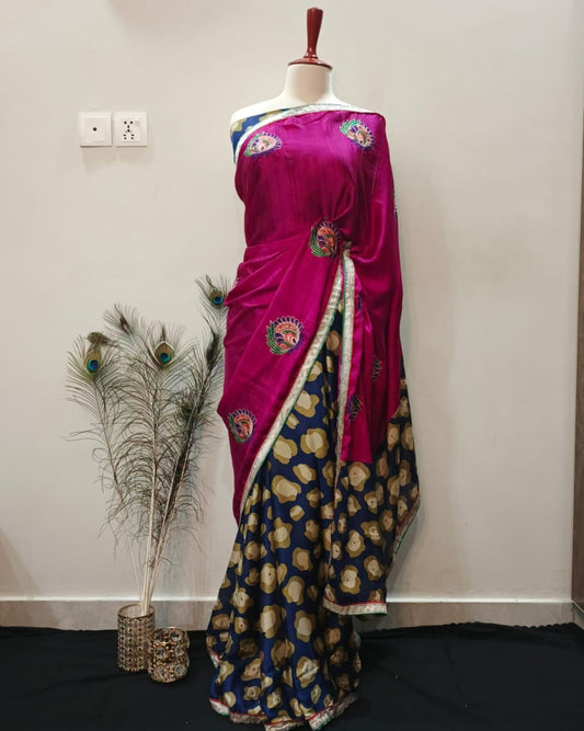 "7-Yard Silk Saree with Dual Tone Design – Magenta Embroidered Pallu & Blue-Gold Printed Base"
