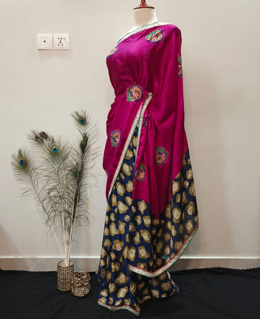 "7-Yard Silk Saree with Dual Tone Design – Magenta Embroidered Pallu & Blue-Gold Printed Base"