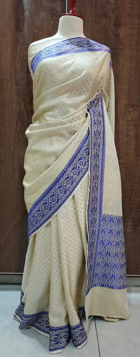 Beige Banarasi Silk Saree with Blue Banarasi Border