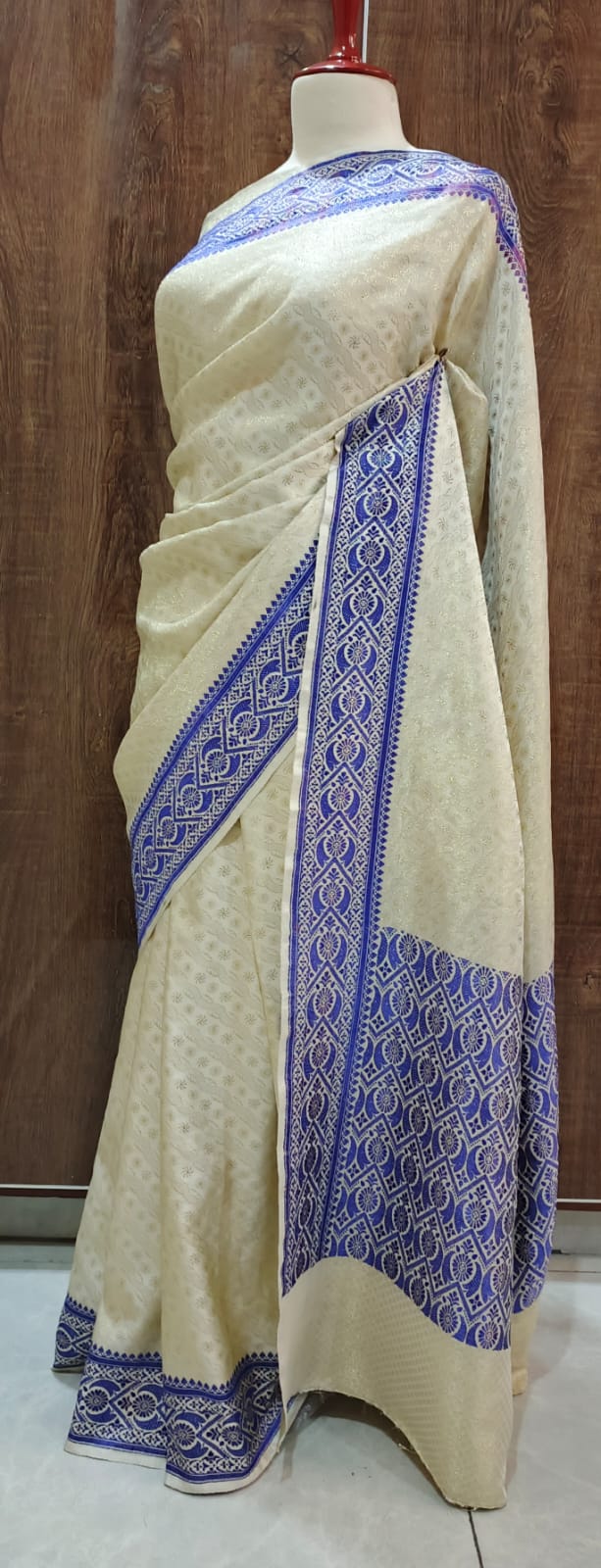 Beige Banarasi Silk Saree with Blue Banarasi Border