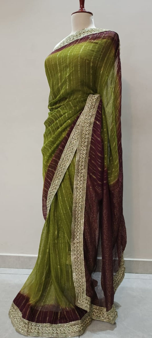 Elegant Olive Green & Maroon Chiffon Saree with Gota Work Border