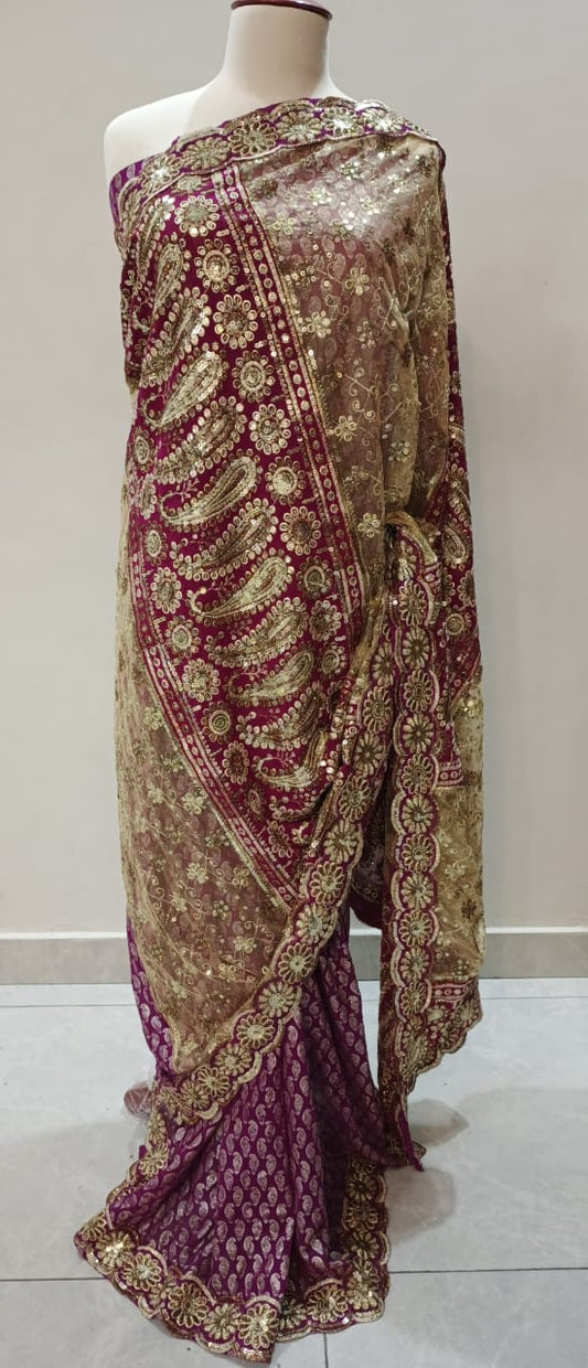 Magenta Pink Gold Satin Net Saree
