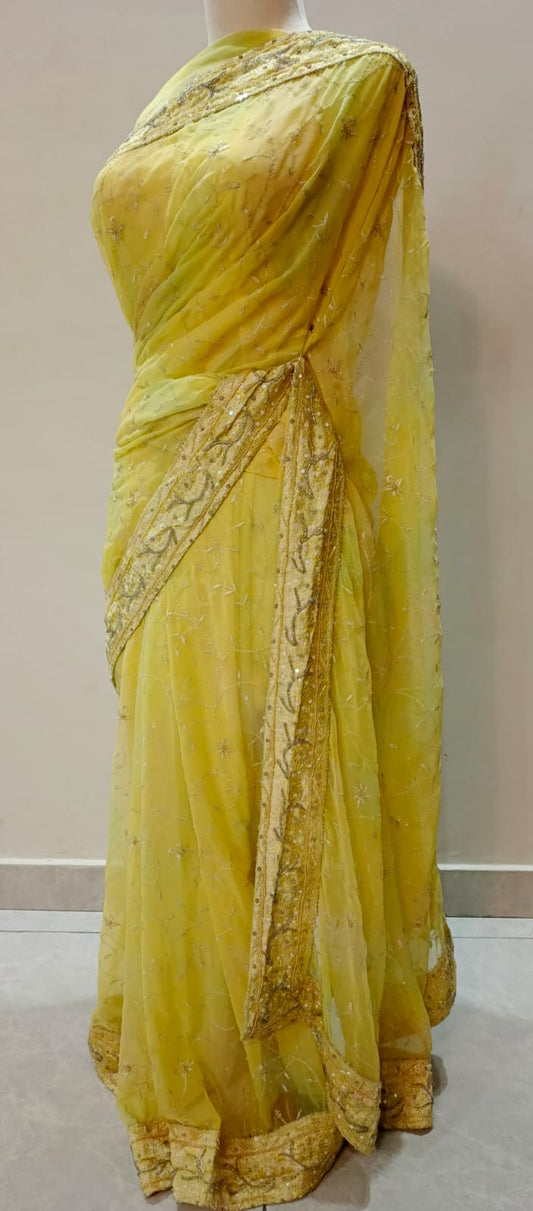 Sunshine Yellow Chiffon Saree with Sequin & Thread Embroidery