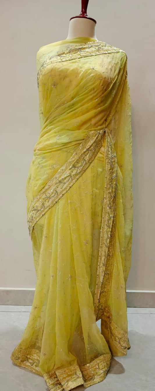 Sunshine Yellow Chiffon Saree with Sequin & Thread Embroidery