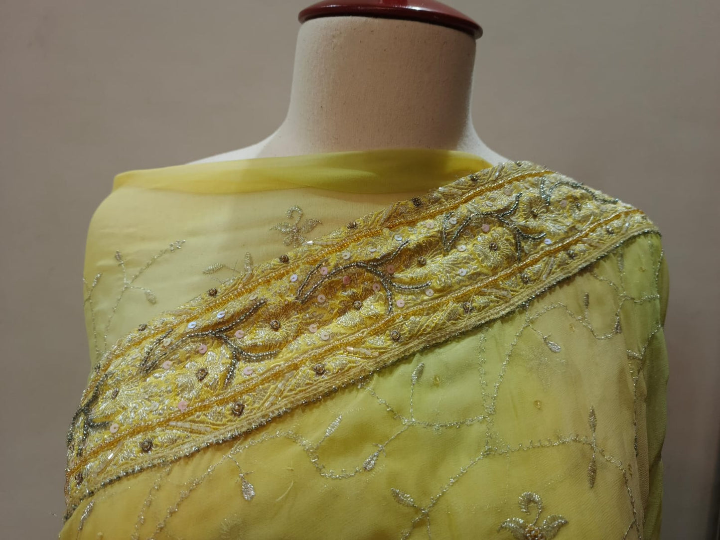 Sunshine Yellow Chiffon Saree with Sequin & Thread Embroidery