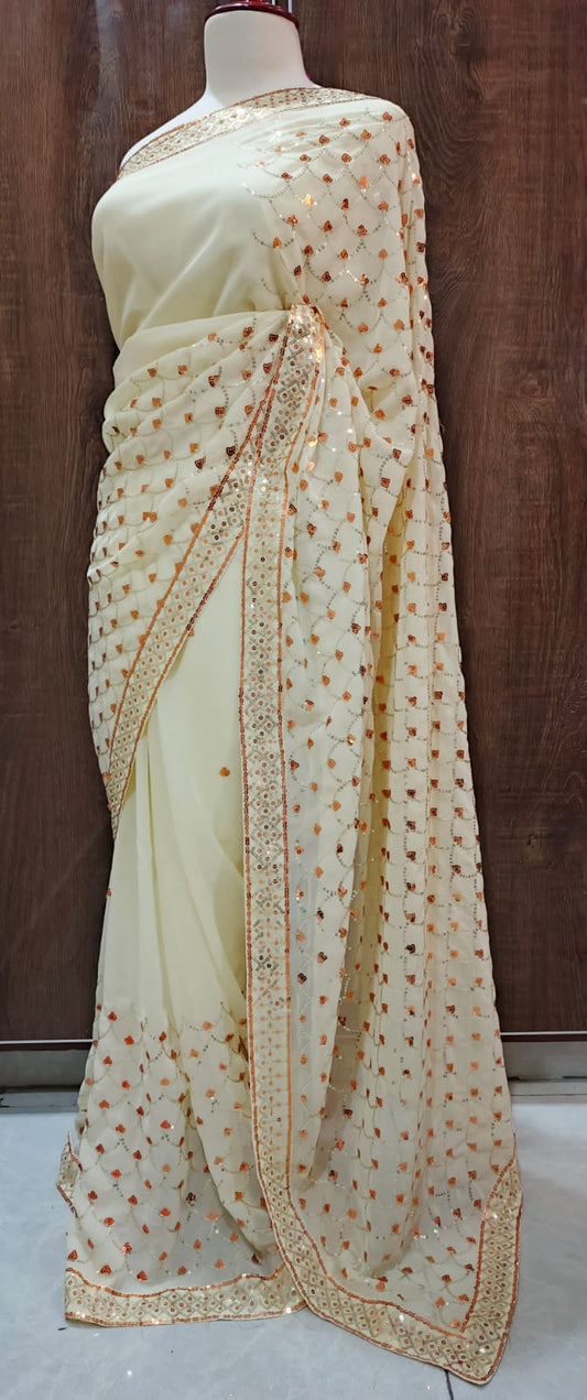 Graceful Off-White Georgette Saree with Copper Sequin Embroidery