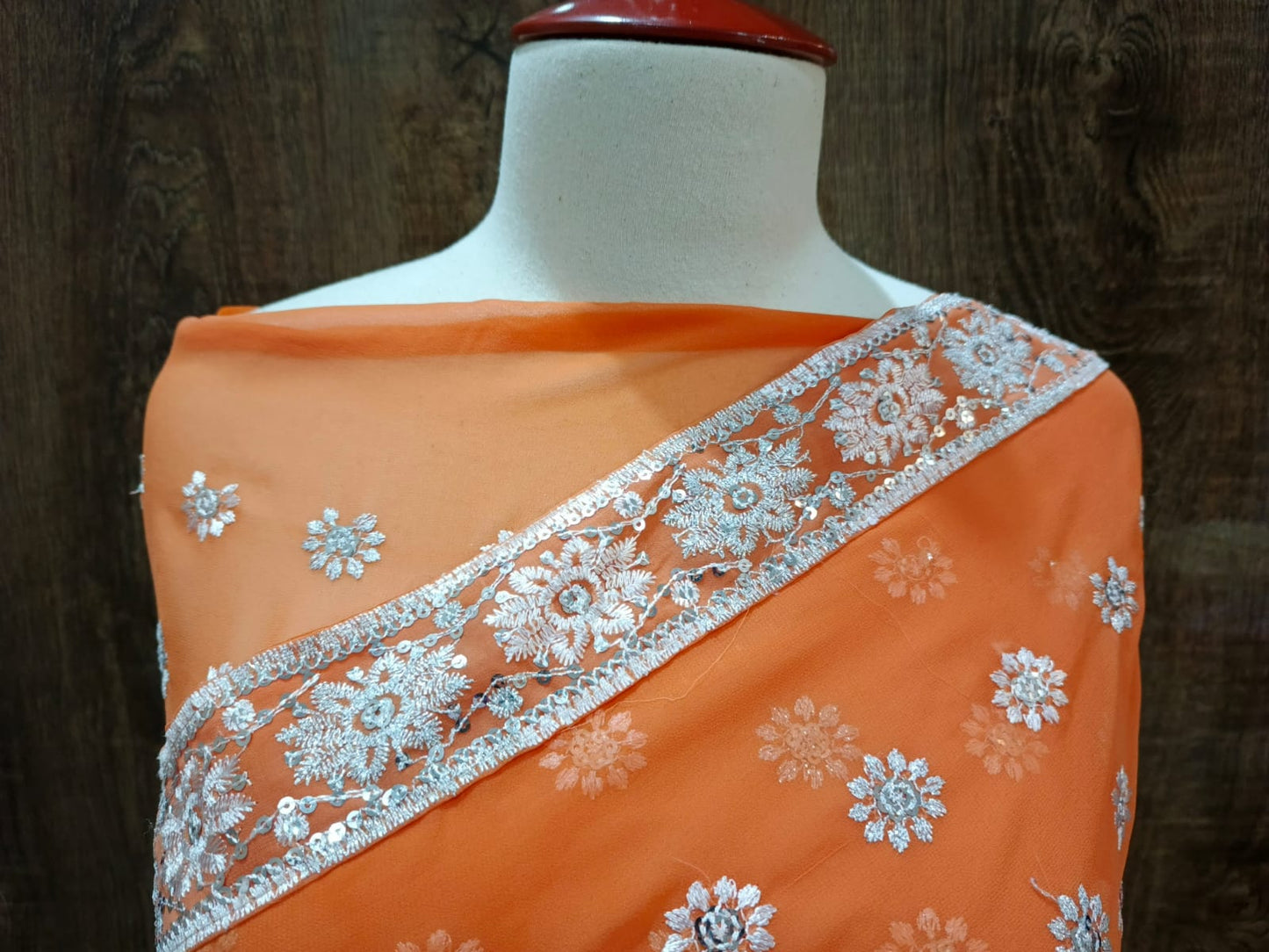 Elegant Orange Georgette Saree with Sequin and Thread Embroidery