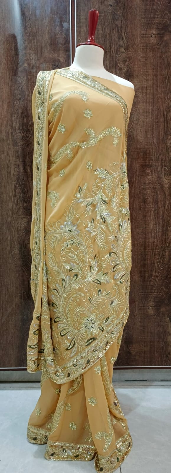 Elegant Light Golden-Beige Georgette Saree with Heavy Embroidery